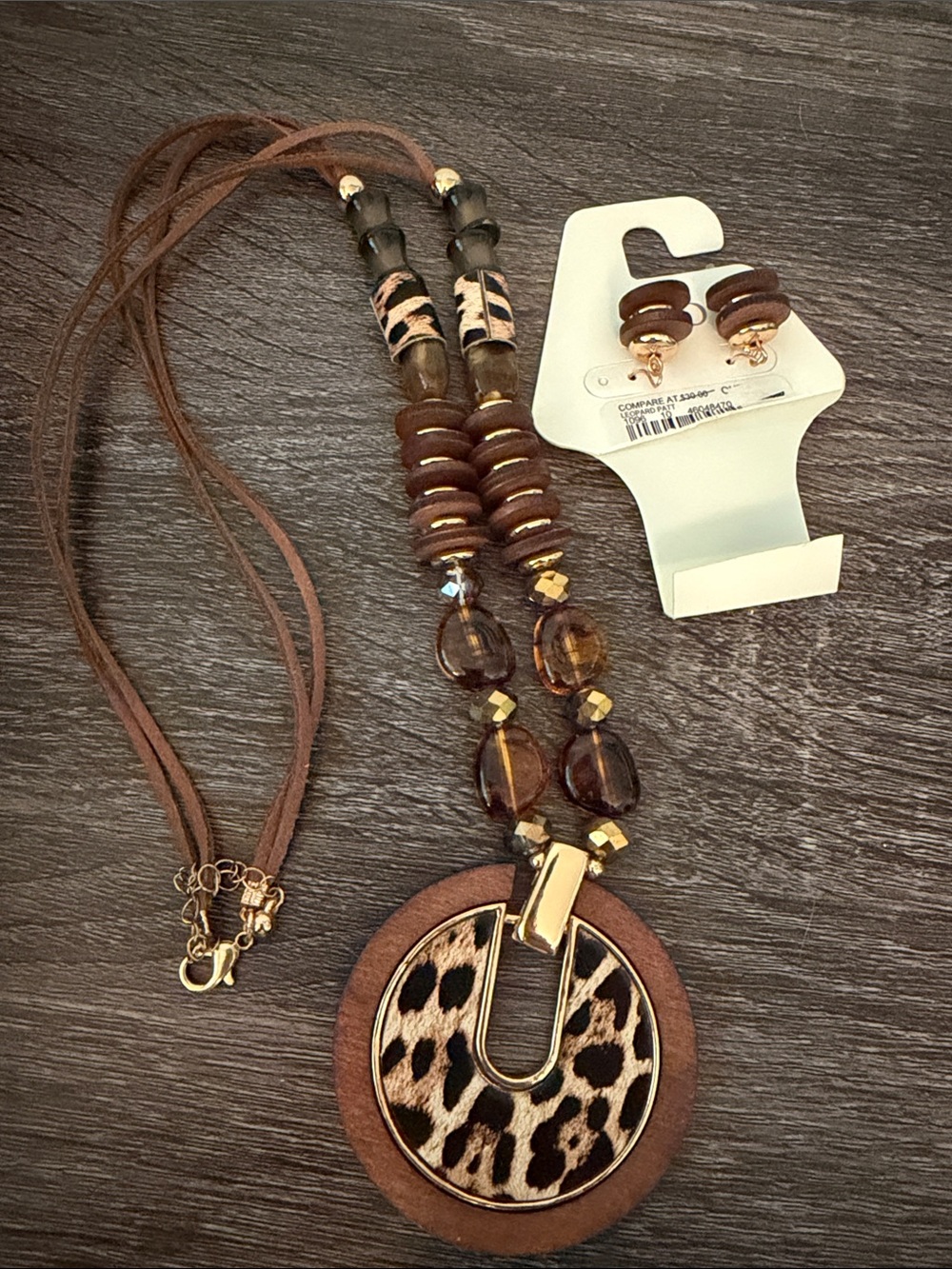 Cato Brown and Gold Leopard-Print Pendant Necklace with Matching Earrings